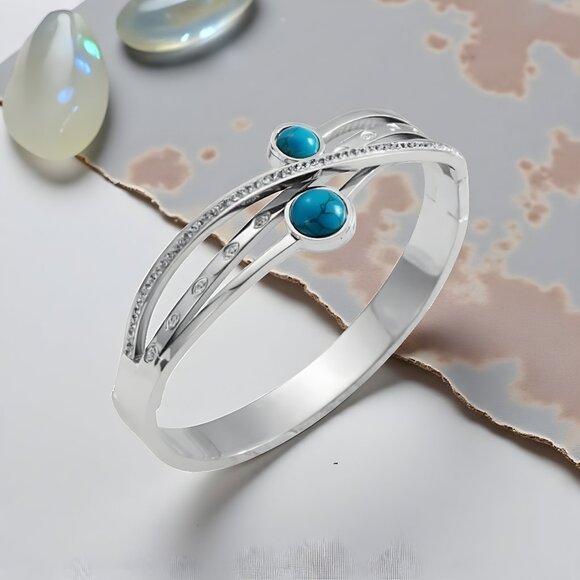 🆕️18K Gold Plated Turquoise & Zirconia Bangle Bracelet | Dainty Elegant & Chic✨ - Picture 1 of 16